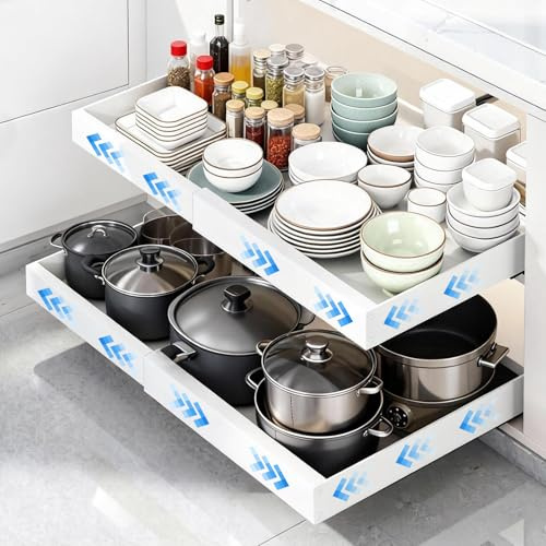 Ribech Organizador de Armario Extraíble Blanco – Ancho Ajustable 32-53 cm, Profundidad 42 cm – Cajón con Adhesivo para Cocina, Sin Taladrar