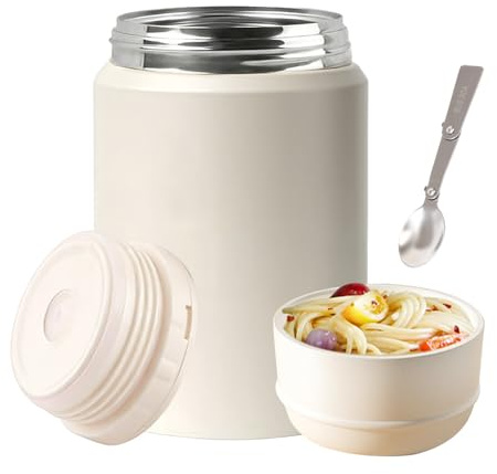 PORFOYO Thermobehälter Für Essen, 750ml Edelstahl Warmhaltebehälter Essen, Auslaufsicher Thermobecher Essens Mit Löffel Für Porridge, Joghurt, Suppen & Eis, Spülmaschine (Weiß)