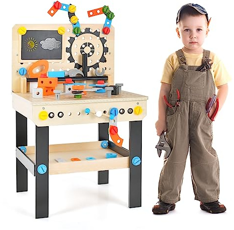 HOMASIS Werkzeugbank Kinder, Werkbank Spielwerkbank Holz, Werkstatt mit 75 TLG. Zubehör & Tafel & Arbeitsplatte & unteren Ablage, Spielzeug-Werkbank Kinderwerkbank ab 3 Jahre (46x37x72cm)