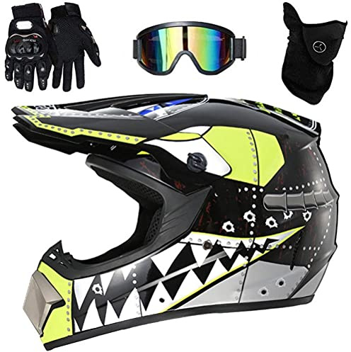 Casco de moto para niños, casco de motocross, casco de cross, casco completo para niños, con gafas, guantes y máscara para todoterreno, Dirt Bike, moto, bicicleta de montaña (A, S)