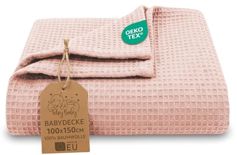 Waffeldecke Baby Ganzjahresdecke Babydecke 100x150 cm - Kinder Baumwoll Waffelpiqué atmungsaktiv leichte Übergangsdecke Decke – Kinderwagendecke Tagesdecke Neugeborene Oeko-Tex Rosa