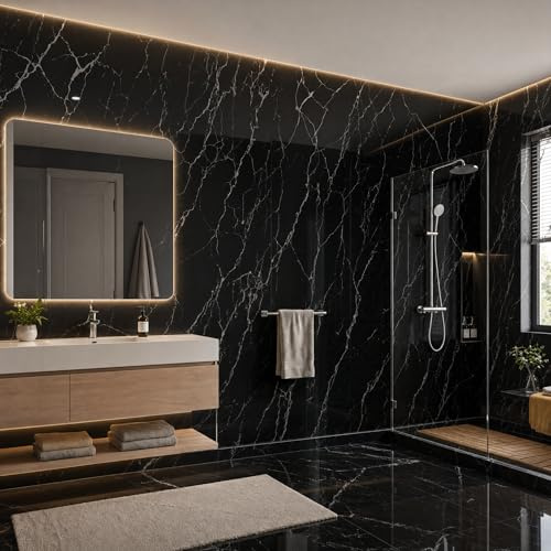 Camiraft Black Self Adhesive Marble Wallpaper Bathroom Wallpaper Waterproof Thermal Wall Paper for Bad Cold Walls -1 Rolls=1.2m² 2.3mm Thick Insulated Lining Paper for Walls for Bedroom Living Room