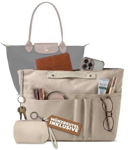 15 Fächer Innentasche für Handtaschen Organizer mit Kleingeldbörse, Beige | Taschen Organizer für Longchamp mit Kleingeld Portemonnaie - Tote Bag Organizer Beige