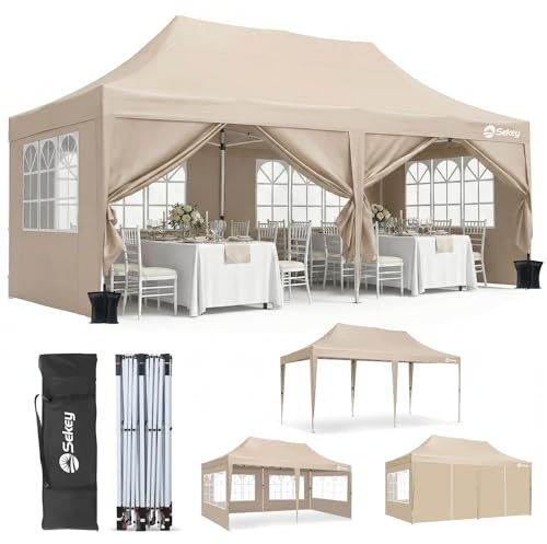 Sekey Faltpavillon 3x6 Wasserdicht Stabil Winterfest mit Seitenwand, Gartenpavillon mit Hoher Spitze, PU1000+ & UV50+, Pop Up Pavillon Partyzelt für Garten/Camping, Event Serie 3x6, Khaki