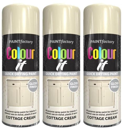 Paint Factory Colour It Cottage Cream Gloss Finish Quick Drying Spray Paint, All Purpose, 400ml, Pack of 3
