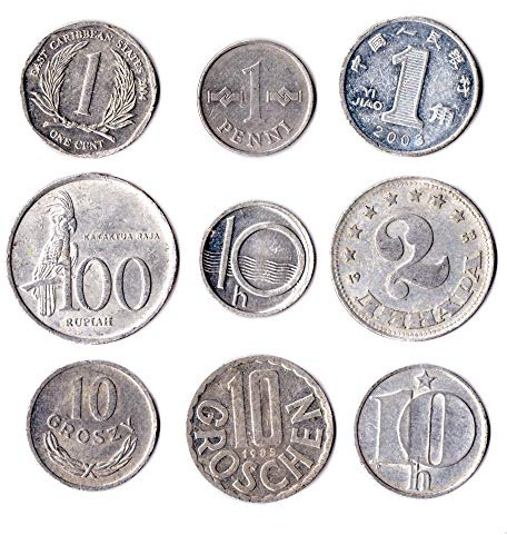 Set of 9 Coins from 9 Different Countries Aluminium Coins Lot