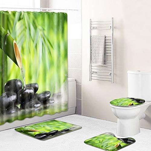 Boyouth Lot de 4 rideaux de douche avec motif bambou vert et pierres noires - Impression numérique - Tapis de bain - Tapis de contour - Housse d'abattant de WC - Décoration de salle de bain
