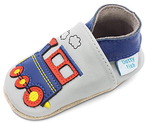 Dotty Fish Scarpine per Bambini e Neonati in Morbida Pelle - Piedi Nudi, Suola Antiscivolo, consigliate dai podologi, Pelle Traspirante, Marchio Britannico - Treno a Vapore Blu e Rosso 18-24 Mesi