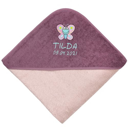 Wolimbo Kapuzenhandtuch personalisiert mit Namen und Motiv - Peach-Mauve - 80x80 cm - für Baby und Kinder