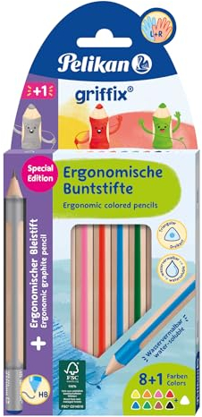 Pelikan griffix Dreikant-Buntstifte/Bleistift-Mix, 4 cm Mine, Wasservermalbar, 9 Buntstifte + 1 Belistift HB
