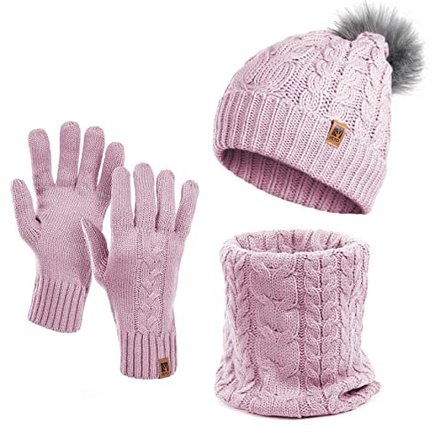 HEYO Damen Wintermütze Schlauchschal Handschuhe 3 teiliges Set | Warme Winter Mütze Schal Winterhandschuhe Beanie gefüttert HZ0004 (Rosa)