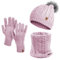 HEYO Damen Wintermütze Schlauchschal Handschuhe 3 teiliges Set | Warme Winter Mütze Schal Winterhandschuhe Beanie gefüttert HZ0004 (Rosa)