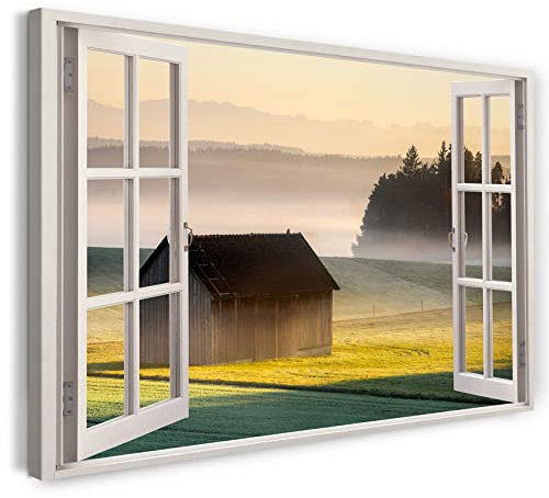Printistico Bilder Fensterblick 80x60cm Baumwoll-Leinwand auf Keilrahmen mit Aufhänger moderner Kunstdruck XXL Wandbilder Wand-Dekoration Feld Hütte Nebel Natur Sonnenaufgang - Natur-Fotografie