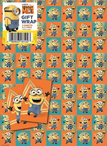 Danilo Minions Geschenkpapier, 4 Bögen, 4 Etiketten, Ich - Einfach unverbesserlich, 70 x 50 cm, Offizielles Lizenzprodukt, FSC-zertifiziert, Ideal für Feierliche Anlässe