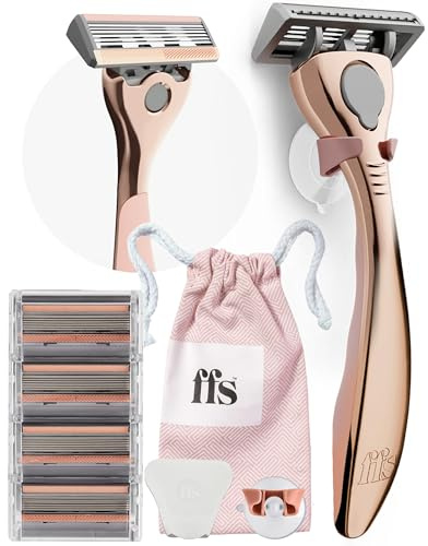 FFS Beauty Starter Shaving Set for Women - Premium Metal Razor Handle, Shower Holder, Travel Pouch, 4 SmoothGlide 6-Blade Cartridges with Vitamin E Lubrication Strip (Rose Gold)