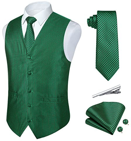 Rithern Herren Weste Paisley Floral Jacquard Seide Krawatte Einstecktuch Taschentuch Set mit Manschettenknöpfen und Krawattenklammer Set für Hochzeitsfeier Anzug Weste Set Grün M