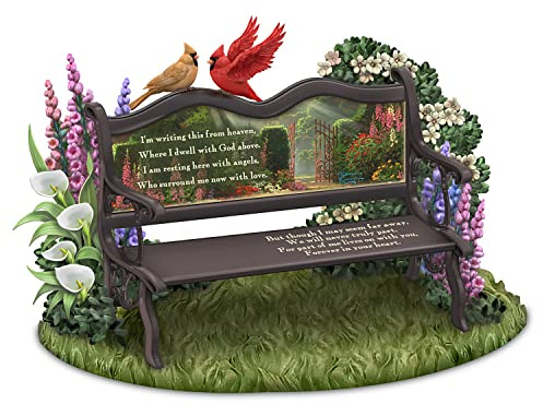 The Hamilton Collection Until We Meet Again Remembrance Sculpture Featuring A Park Bench with Artwork by Artist Thomas Kinkade & Adorned with Sculpted Flowers & Cardinals