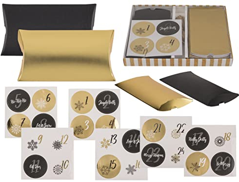 Set Adventskalender zum Selberfüllen Selbstbefüllen DIY-Adventskalender zum Basteln & Befüllen mit 24 Kissenschachteln ca.12,5x7x1,5cm, 24 Zahlensticker und 3,6m Juteschnur (Gold-Schwarz)