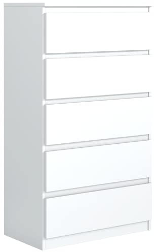 meble masztalerz Kommode Weiss Matt mit 5 Schubladen 70 cm, Sideboard Wohnzimmer, Kommode Schlafzimmer H: 124,5 cm, B: 70 cm, T: 39 cm Kommode mit Schubladen, Schubladenschrank