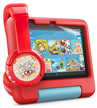 Fire 7 Kids-Tablet (32 GB, rot) + Bluetooth-Kinderkopfhörer BuddyPhones PlayTime (Rot) + NuPro-Displayschutzfolie (2er-Pack).