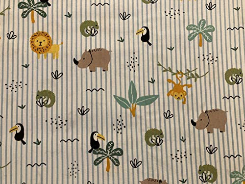 Stoffe zum Nähen für Kinder, 100% Baumwolle, keine Meterware: 0,5m Zootiere Baumwollstoff Zuschnitt - Jungen Tiere Kinderstoff mit Löwe Nilpferd Chamäleon Affe Vogel Wildtiere im Zoo