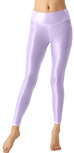 iiniim Damen Öl Leggings Glanz Hose Lange Pantyhose Stretch Fitness Sporthose Yoga Tanzhose Strumpfhose Lila M