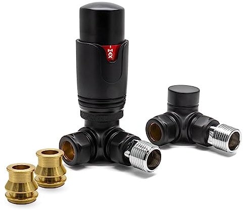 Thermostatic TRV Corner Black Radiator Valves 1/2 x 15mm with Brass Radiator Reducer Compression Valve - 15mm to 10mm