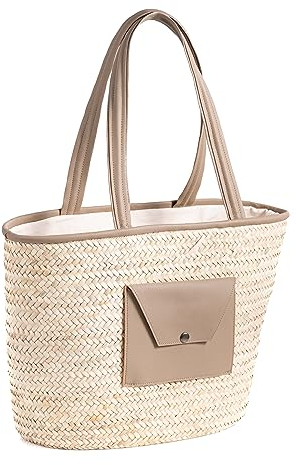 Darido - Sac de courses - L 44x19x32 cm - En Osier Naturel Beige - Avec Doublure et Poche - Finitions et Poignée en Simili Cuir - Moderne, Pratique, grande capacité et Multi-usage
