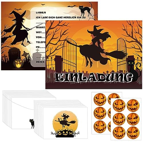 Halloween Einladungskarten Kinder, 12 Halloween Party Einladungen, gruselige Einladungen zur Halloween-Party mit Umschlägen und Halloween Aufklebern, Einladung für Grusel Party Kindergeburtstag (A)