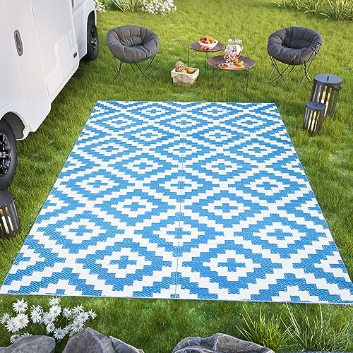 TAPISO Ibiza Teppich Outdoor Zweiseitig Wendbar Wasserdicht Resistent Quadrate Diamanten Kariert Weiß Blau Picknick Strand Garten ÖKO-TEX 180 x 270 cm