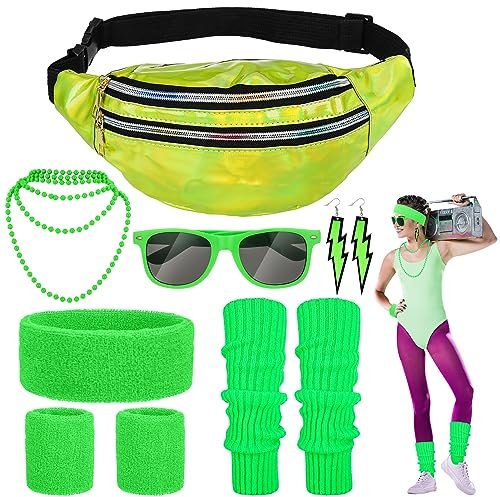 Fanshiontide 80er Jahre Outfit Damen Grün Set Enthalten Ohrring Halskette Bauchtasche Stirnband Armband Sonnenbrille Beinlinge 80er Jahre Kleidung Kostüm Neon Accessoires für Karneval Thema Party