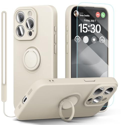 pcgaga Silicone Phone Case for iPhone 15 Pro with Screen Protector [Ring Holder Stand] [Wrist Strap] [Microfiber Lining] Slim Shockproof Protective Cover, 6.1, White