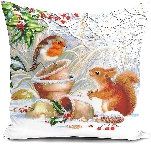 HUASHUZI Weihnachtskissen Kissenbezug 40x40 Winter Animal Weihnachtsdeko Weihnachtskissenbezug Rotkehlchen Eichhörnchen Christmas Decorations Xmas Cushion Covers Pillow Kissen Deko Sofa