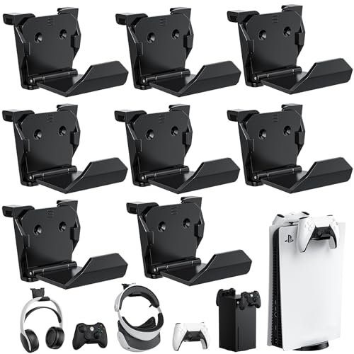 KUNSLUCK Lot de 8 supports muraux pour manette de PS5, Xbox, commutateur, support mural pour manette et casque, installation adhésive/vis (noir)