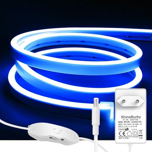 ShineBurky Neon Led Strip Light Blue, 16.4ft/5m Dimmable Flexible LED Rope Lights with Adapter and Dimmer, Waterproof Silicone Led Strips for Bedroom Kitchen Indoor Outdoor Decoration