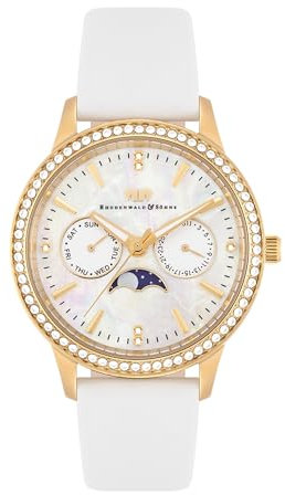 Rhodenwald & Söhne Damen Uhr analog Quarz Multifunktion(en) mit Echtleder Armband weiß Verziert mit Kristallen 10010433