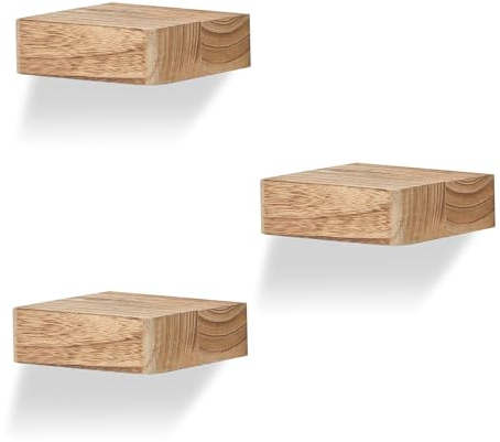 PHOENANCEE Solid Wood, Small Floating Shelves, Rustic Look, Mini Display Hanging Shelf, Wall-Mounted Wood Square Shelf for Bedroom, Set of 3, Carbonized Black (3, 15.3 * 15.3 * 4.5cm)