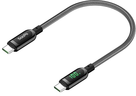SooPii 100W USB-C-auf-USB-C-Kabel, 0.3M Schnellladekabel mit LED-Anzeige, PD 5A Typ-C-Ladekabel für lPhone 15/Pro/Plus/Pro Max, lPad Air, MacBook, Galaxy S23/S22, Pixel, LG (Grau)