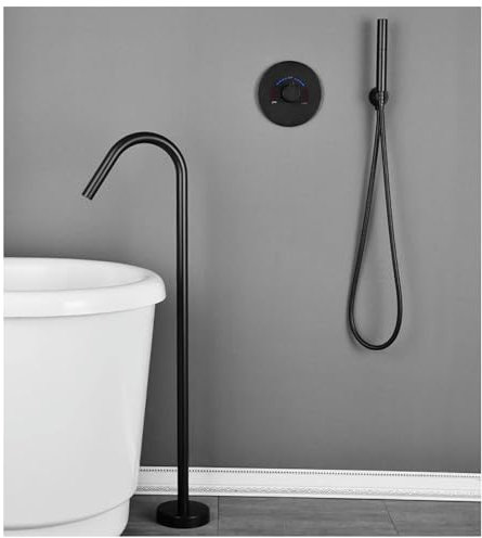 SWHC Mitigeur de Baignoire Ilot, Robinet de Baignoire Ilot avec Douchette Robinet de Baignoire sur Pied Robinet Salle Bain Noir Laiton Moderne Grand Débit 2 Modes