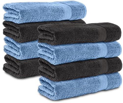 Komfortec 8er Handtücher 50x100 cm Set aus 100% Baumwolle, Frottee, Weich, Schwarz/Hellblau