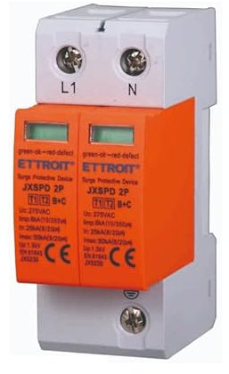 Parafoudre de Protection 220V Type T1+T2 B+C 2P Pôles 275V 25kA-50kA Occupe 2 modules DIN Ettroit JX5230