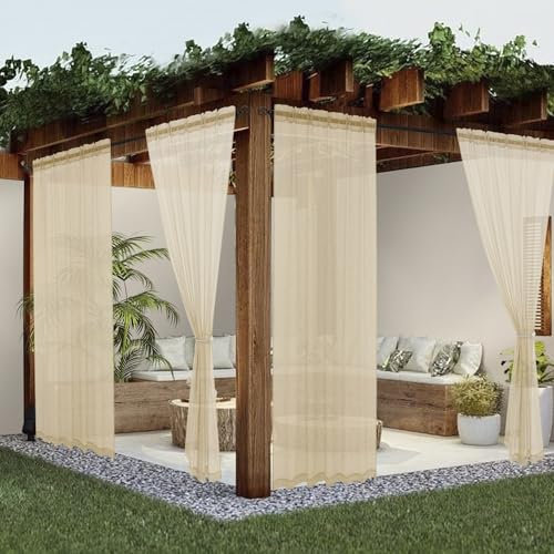 youleyar Sheer Outdoor Curtains for Patio Waterproof 4 Panels Linen Look Rod Pocket Indoor Grey Voile Curtain for Living Room, Bedroom, Porch, Pergola, Cabana, Gazebo(52x96 Inch, Beige)