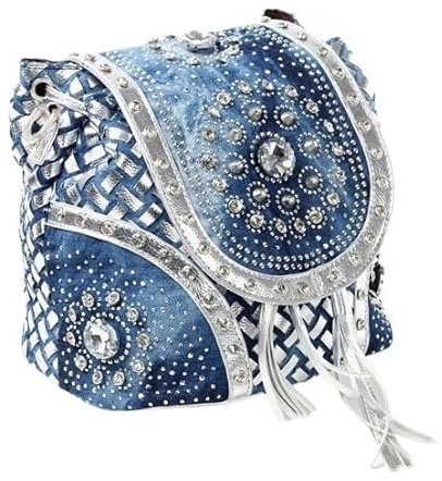 Alice Fan Denim-Tasche, Jeans-Tragetasche, modische Damen-Handtasche, multifunktionaler Rucksack, Schultertasche, glitzernde Diamanten und Quaste, silber, 8.3 inches, Multifunktionaler Denim-Rucksack