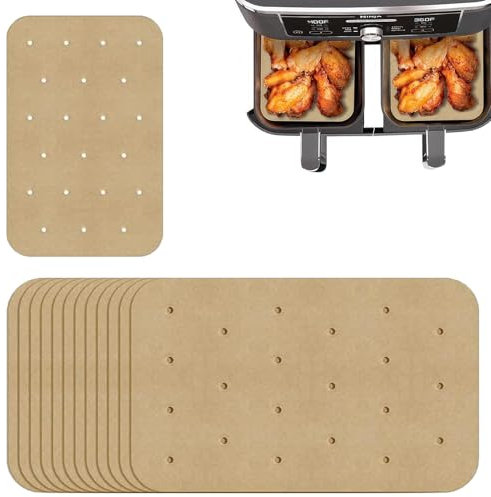 200PCS Air Fryer Paper Liners, Non-Stick Perforated Baking Liners Disposable, Rectangle Cooking Unbleached Dual Parchment Papers Compatible with Ninja AF400UK AF300UK Tower Salter(5.5 x 8 inches)