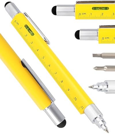 Online Männer Geschenk Stift 6-in-1 Gelb I Multitool Stift mit verschiedenen Funktionen I Multifunktions-Kugelschreiber und Werkzeug I Geschenk für Vatertag, Hausbau, Handwerker, Papa