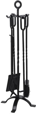 qorkhogr Lot de 5 outils de cheminée modernes en fer forgé pour intérieur et extérieur avec pince tisonnier, pelle, brosse et support Noir 83 cm