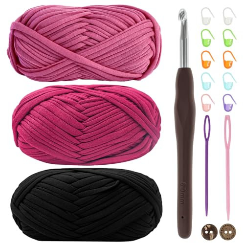 T-Shirt Garn, Bändchengarn zum Häkeln und Stricken Textilgarn 3 x 100g Dickes Polyester-Garn mit einer 6mm-Häkelnadel für Häkeltaschen, Körbe, Teppiche, Heimdekoration und DIY-Kunsthandwerk