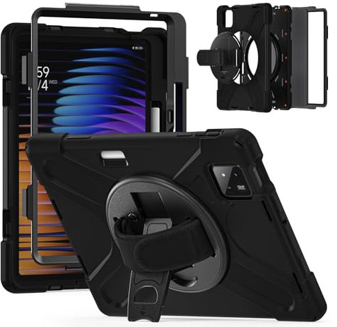 BRAECN Coque pour Xiaomi Pad 7 / Pad 7 Pro 11.2 Pouces 2024, Housse de Robuste avec Film Protection, Porte-Stylet, Support Rotatif à 360° et Dragonne, Bandoulière, Noir