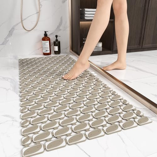 XIYUNTE Large Shower Mat Non Slip Anti Mould for Elderly- 90 x 40cm Non Slip Shower Mat for Inside Shower, Non Slip Bath Mat with Suction Cups & Drain Holes, Cut-to-Fit Bathtub Mat, Brown