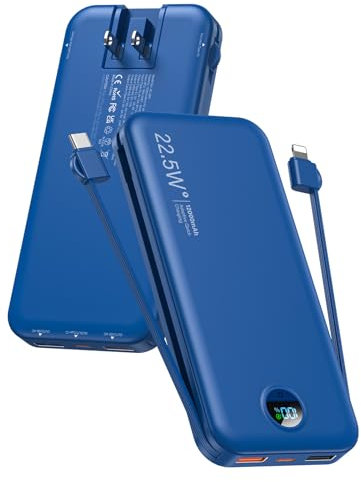 Chargeur portable, 12 000 mAh 22,5 W USB C, charge rapide avec câbles intégrés et prise murale, batterie externe 5 en 1 avec écran LED, chargeur de secours parfait pour iPhone, iPad, Samsung, bleu